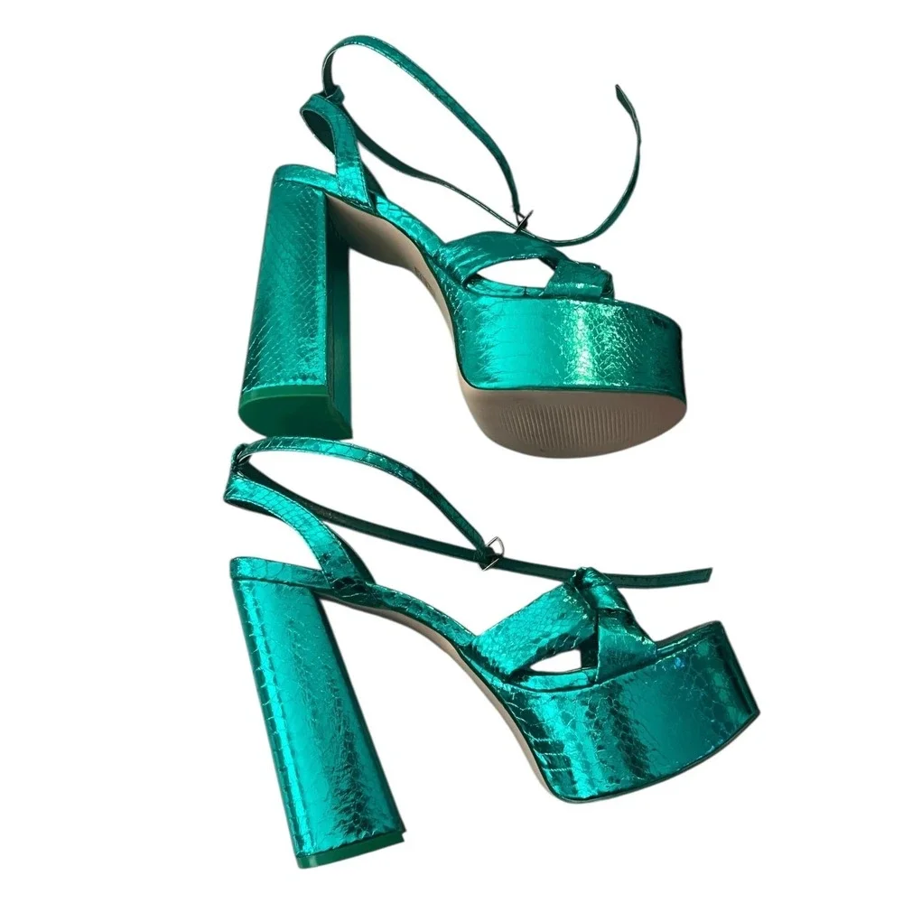 Public Desire x ASOS Leo Metallic Green Platform Heels Strappy Chunky Party Sz 9